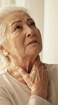 Elderly Woman with Neck Pain and Sore Throat Touching Her Neck in a Well Lit Room Demonstrating Symptoms of Thyroid Disease or Cold and Flu in Medical Stock Photography Style