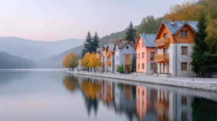 Fototapeta premium Lakeside Village With Wooden Houses Reflecting In Calm Water Under Soft Autumn Sky With Hills In Background And Trees With Yellow Leaves