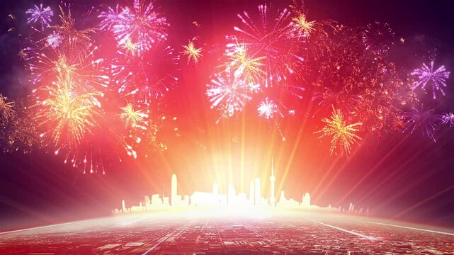 Chinese New Year background video, Asian Spring Festival blessing video, festive blessing and firework celebration. The new year is here, city fireworks blessing night scene video.