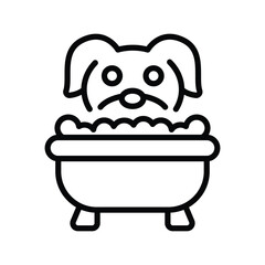 A dog taking a bath in a tub shown as a simple black line drawing