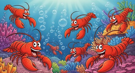 Cartoon Lobsters in Ocean Scene - A Cheerful Underwater Gathering.
