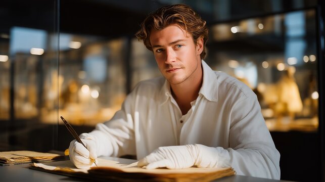 Professional curator wearing white gloves carefully restoring a fragile manuscript in a climate-controlled museum laboratory, representing art conservation, precision craftsmanship, and historical