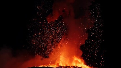 Molten lava eruption volcano eruption lava flow volcanic ash glowing ember night smoke molten rock eruption column sparks heat fire magma ash plume - Powered by Adobe