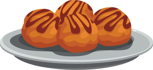 Four appetizing cream puffs, drizzled with chocolate, are served on a plate, ready to be enjoyed