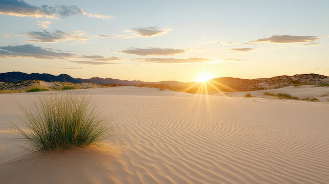Golden sunlight illuminates rolling dunes, creating serene desert landscape at sunset