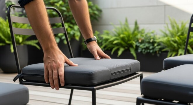 Man adjusting cushion on outdoor chair in modern balcony setting   - Powered by Adobe