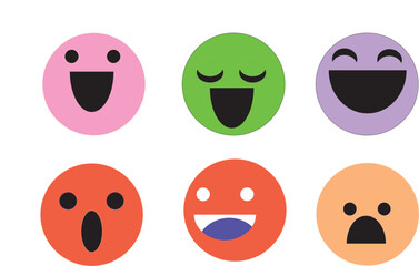 Collection of six colorful oval cartoon faces with various expressive emotions and open mouths