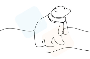 Elegant single line drawing of a polar bear wearing a scarf standing in the snow creating a stylish winter aesthetic for holiday themed projects