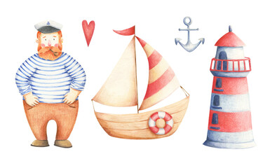 Hand drawn seaman boat lighthouse anchor clip art set isolated on transparent background. Cute marine drawings painted with colored pencils. Sailing illustrations clip art.