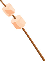 Two marshmallows are roasting on a wooden stick, ready for a campfire treat