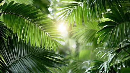 Fototapeta premium Lush green jungle leaves with sunlight filtering through create serene atmosphere