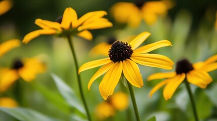 A vibrant yellow flower with a black center, surrounded by other yellow flowers in a blurred green background.
