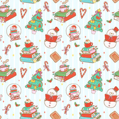 Festive Christmas Bookish Snowman Reading Seamless Pattern Coquette Gingham Retro Hand Drawn Repeat Wallpaper Background