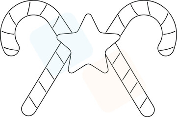 Festive Christmas Holiday Candy Canes and Star Illustration for Celebrations and Decorations with Black Outline on White Background