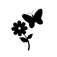 Simple black silhouette of a butterfly gracefully approaching a flower blossom