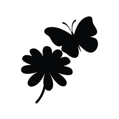 Simple Silhouette of a Butterfly Flying Next to a Blooming Flower Artwork