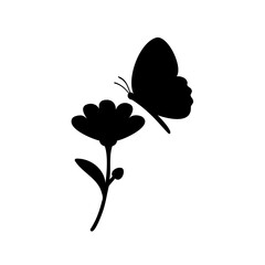 Silhouette of a Butterfly and Flower on White Background Nature Art