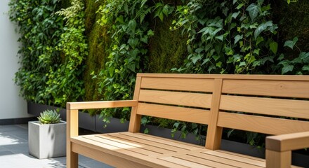 Wooden bench in a garden with green plants in background  
