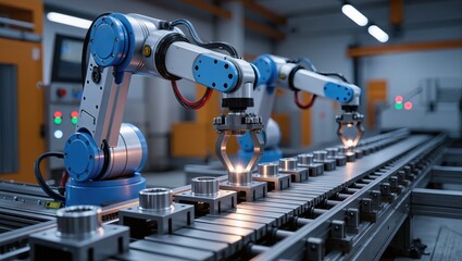 Industrial Robot Arms Processing Metal Parts on Modern Assembly Line in High-Tech Factory