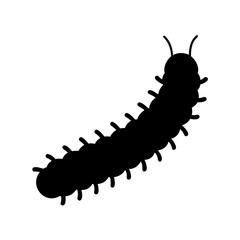 Black silhouette of a segmented caterpillar crawling on a white background