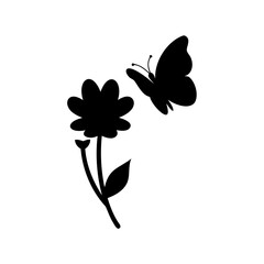 Black silhouette of a butterfly flying towards a flower with stem and leaf