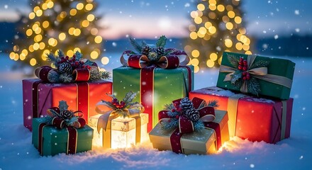 Festive Christmas Gifts and Decorations in a Snowy Winter Landscape.