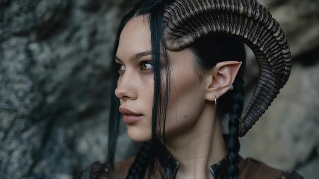 Mysterious faun woman with horns stares intensely at viewer.