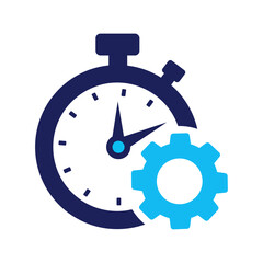 Elegant Chronometer Watch Design Icon. Stopwatch with Gear Vector Icon. Stopwatch, Classic Blue Stopwatch with Detailed Face and Pushers. Minimalist Stopwatch Icon on Black Background, Time Management