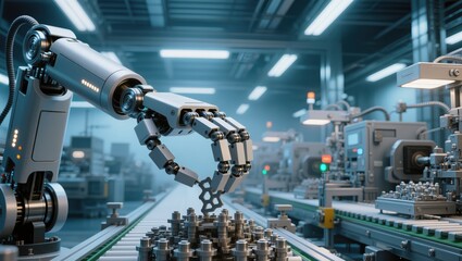 Advanced Robotic Arm in Automated Manufacturing Facility with Assembly Line Technology