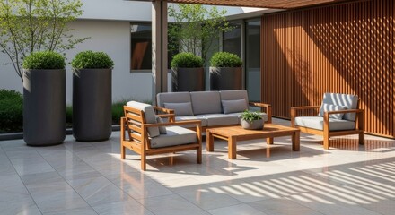 Modern outdoor seating area with wooden furniture and planters  