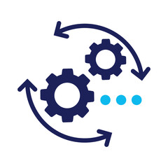 Flat vector illustration of a gear with curved flow arrows in motion, clean infographic style with symbolic process representation. Integration Icon, Change Two Color Icon, Transition Icon.