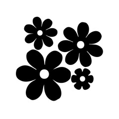 Four bold black flower silhouettes with white centers against a white background