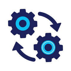 Flat vector illustration of a gear with curved flow arrows in motion, clean infographic style with symbolic process representation. Integration Icon, Change Two Color Icon, Transition Icon.