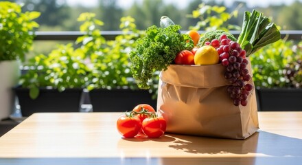 Fresh vegetables and fruits in paper bag on wooden table outdoors  