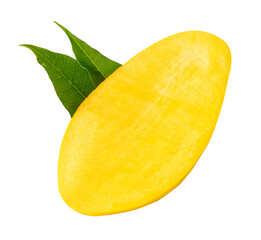 Top view of ripe yellow mango fruit in half with green mango leaves isolated with clipping path in png file format