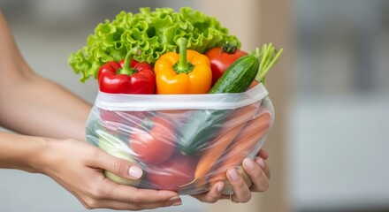 Fresh vegetables in reusable bag held by hands for eco-friendly shopping  