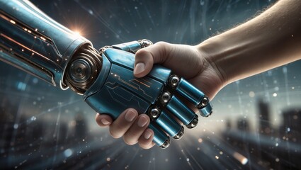 Human and Robot Handshake Symbolizing Cooperation Between Technology and Humanity