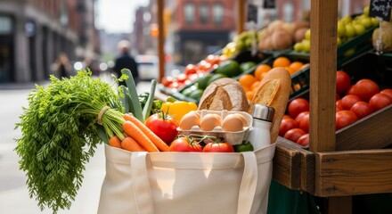 Fresh vegetables and eggs in reusable bag at outdoor market  