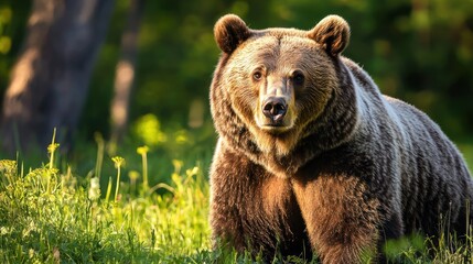Fototapeta premium A brown bear standing in a grassy field with trees in the background.