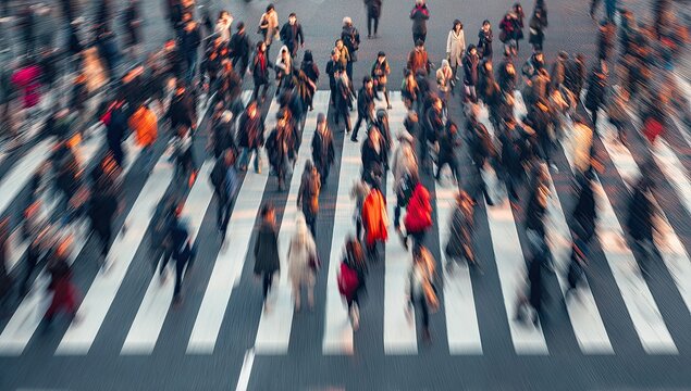 Blurred pedestrian crossing, urban crowd rush