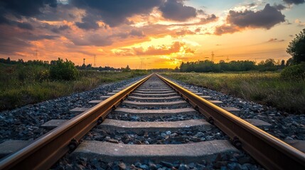 Fototapeta premium A railway track leading into a field with a vibrant sunset in the background.