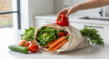 Fresh vegetables in reusable bag on kitchen countertop  