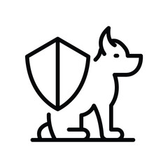 A lineart dog figure sits beside a shield Both are outlined in black The dog has its head up