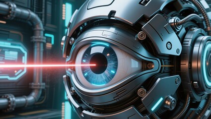 Futuristic Cybernetic Eye with Laser Emission in High-Tech Environment
