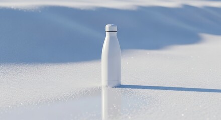 White bottle standing in snow on winter landscape  
