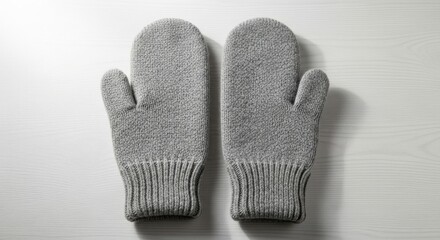 Warm gray mittens laid out on white wooden surface  