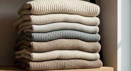 Neatly stacked cozy knit sweaters in neutral tones on shelf  