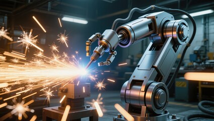 Advanced Robotic Arm Welding Sparks in Industrial Workshop Setting with Bright Flames