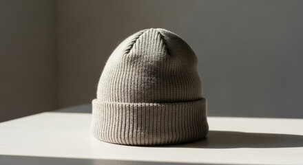 Stylish grey knit beanie placed on a table in natural light  