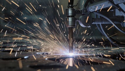 Dynamic Metal Cutting Process with Sparks and Robotic Arm in Industrial Setting